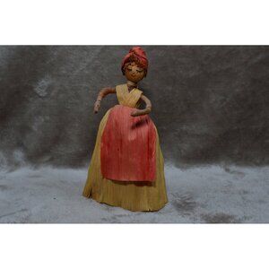 Vintage Corn Husk Doll Lady Red Dress Head Wrap Folk Art Handmade Country Woman